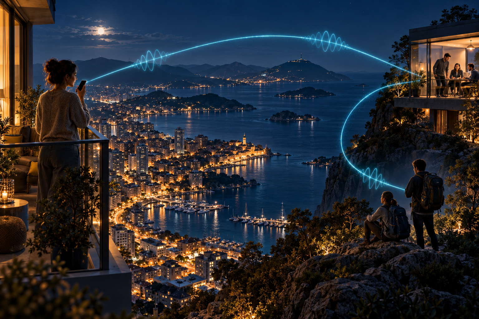 Illustration of people connected across a coastal city and a scenic lookout