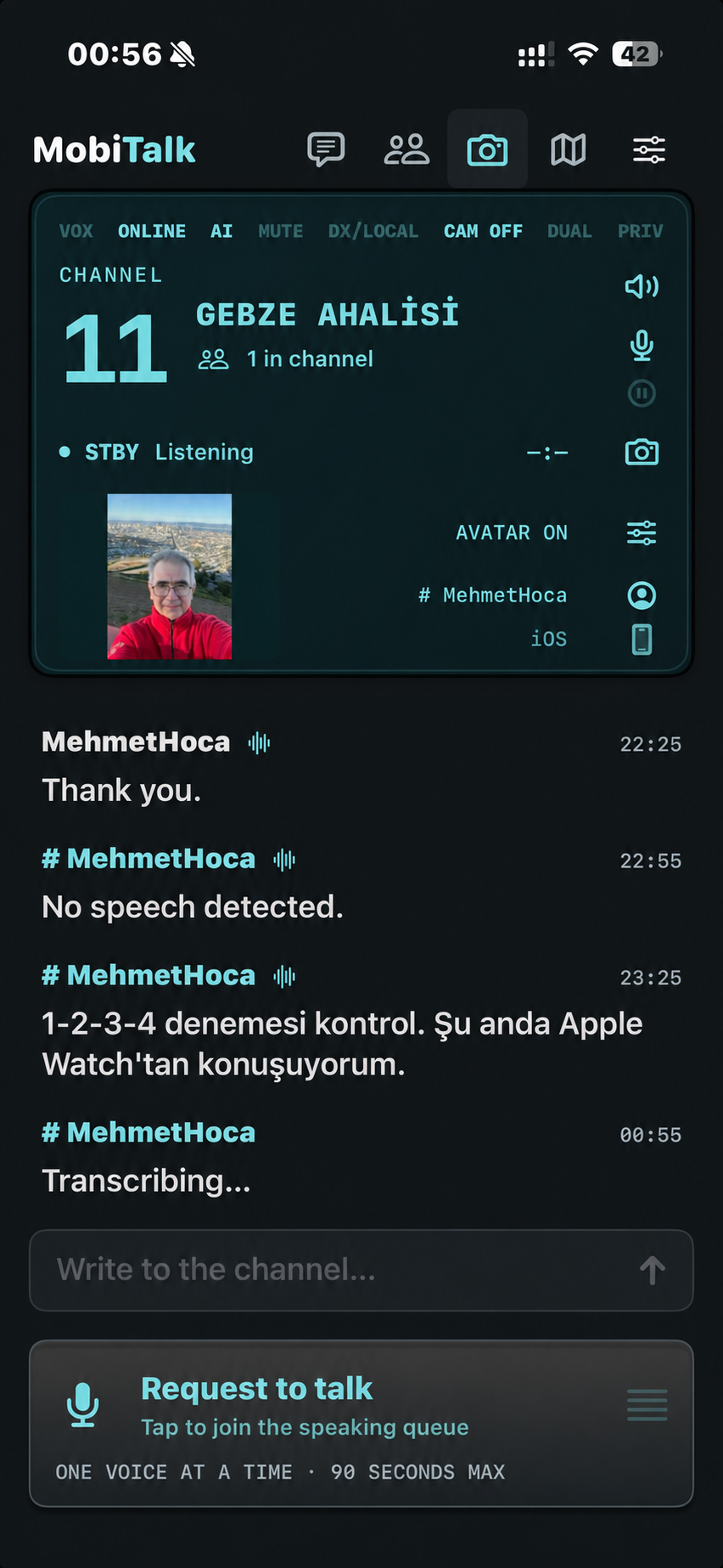 MobiTalk interface preview showing a shared speaker picture, channel 11, voice transcripts and the request-to-talk control